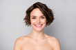 Closeup photo of beautiful naked tender lady bobbed short hairstyle beaming smiling positive emotions after spa salon procedures isolated grey color background