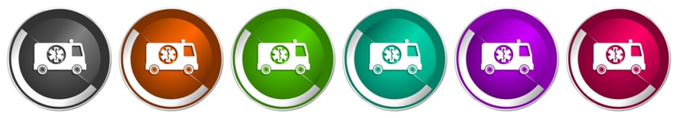 Aufkleber - Ambulance icon set, silver metallic chrome border vector web buttons in 6 colors options for webdesign