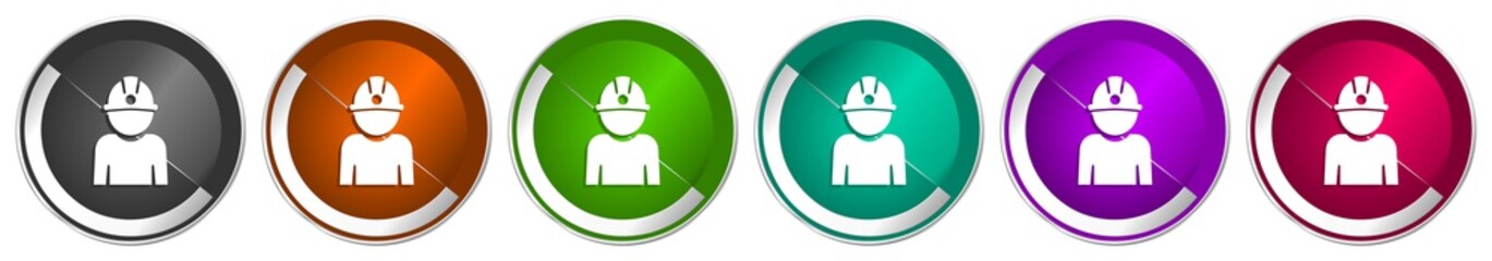 Aufkleber - Miner icon set, worker, job, man, helmet silver metallic chrome border vector web buttons in 6 colors options for webdesign