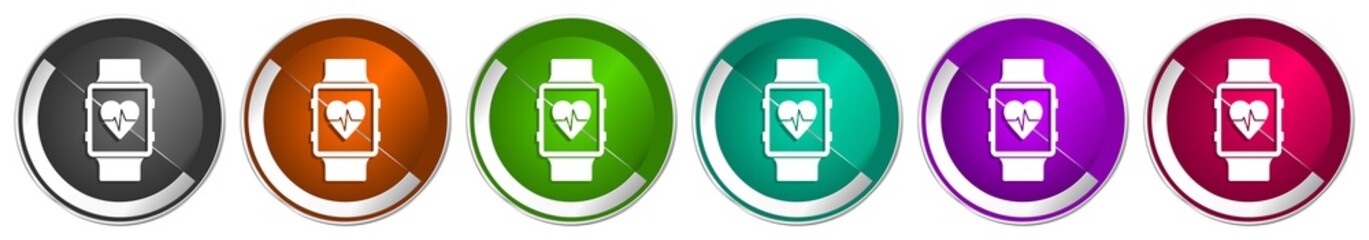 Poster - Smartwatch icon set, smart watch, fitness silver metallic chrome border vector web buttons in 6 colors options for webdesign