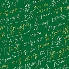 Poster - Physics formulas handwritten vector pattern, abstract seamless background, hand drawn equations isolated on green board background, scientific, education backdrop