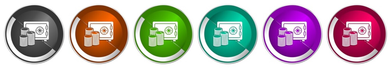 Leinwandbilder - Safe and money icon set, bank, business silver metallic chrome border vector web buttons in 6 colors options for webdesign