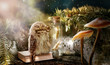 Leinwandbild Motiv Fantasy wise sleeping owl is the keeper of secrets holds key to knowledge in beak in magical mysterious forest with magic mushrooms and books locked in glass bottle