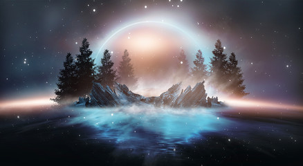 Wall Mural - futuristic night landscape with abstract landscape and island, moonlight, shine. dark natural scene 