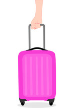 Woman hand is holding an Pink Travel bag. Vacation time around the world. Enjoy international trip. Tourism, Journey concept