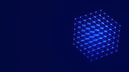 3D cube of lines and dots. Wireframe polygonal element on dark background. Science and technology. 3d rendering