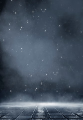 dark street, wet asphalt, reflections of rays in the water. abstract dark blue background, smoke, sm