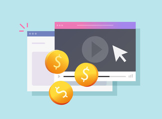 Poster - Web video marketing money income or internet online promotion with pay per click technology vector flat cartoon icon, illustration of browser player window and cash profit modern design symbol image