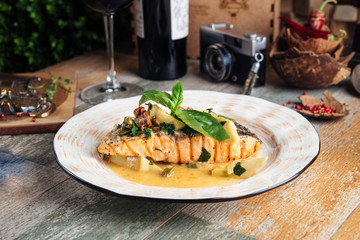 Sticker - Grilled salmon fillet with sauce balsamic leaves