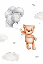 Watercolor Teddy Bear And Grey Balloons; Hand Draw Illustration; Can Be Used For Kid Poster Or Card; With White Isolated Background