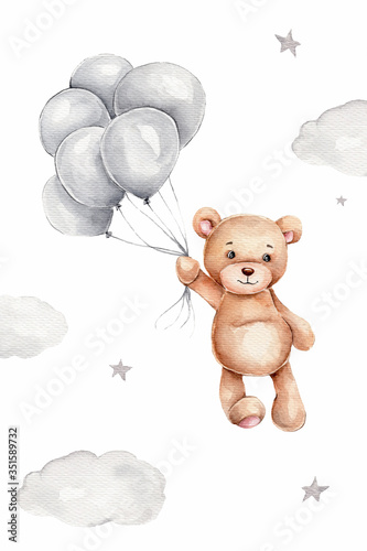 Fototapeta na szkło Watercolor teddy bear and grey balloons; hand draw illustration; can be used for kid poster or card; with white isolated background