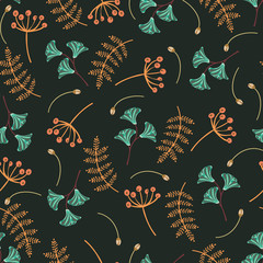 Wall Mural - Vector seamless  pattern with  leaves and  flowers on dark background.  Floral illustration for textile, print, wallpapers, wrapping.