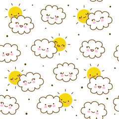 Wall Mural - Seamless pattern with cute little clouds with sun - kawaii background for kids textile design