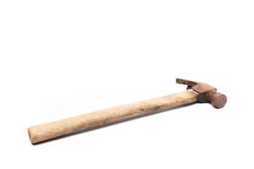 old rusty and dirty wooden handle hammer isolated on white background.