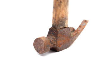 old rusty and dirty wooden handle hammer isolated on white background.