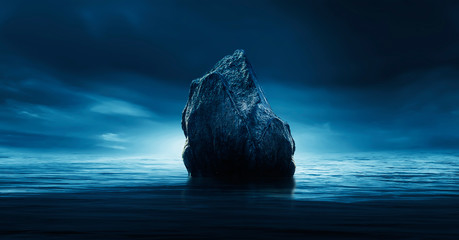 Futuristic night landscape with abstract landscape and island, moonlight, shine. Dark natural scene with reflection of light in the water, neon blue light. Dark neon circle background. 