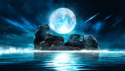 Futuristic night landscape with abstract landscape and island, moonlight, shine. Dark natural scene with reflection of light in the water, neon blue light. Dark neon circle background. 