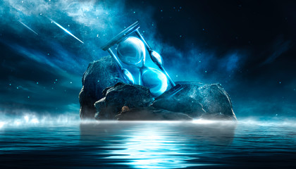 Wall Mural - Futuristic night landscape with abstract landscape and island, moonlight, shine. Dark natural scene with reflection of light in the water, neon blue light. Dark neon circle background. 