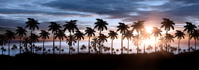 Night landscape with palm trees, against the backdrop of a neon sunset, stars. Silhouette coconut palm trees on beach at sunset. Vintage tone. Space futuristic landscape. Neon palm tree