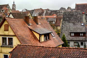 Wall Mural - View from town wall of facades and roofs of medieval old town Rothenburg ob der Tauber, Bavaria, Germany. November 2014