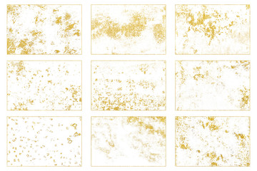 Collection of Golden glossy, distress, dirt texture. Grunge background illustration.