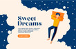© Anastasiia - Sweet dreams, good health concept. Young man sleeps on side. Vector illustration of boy in bed, night sky, stars. Advert of mattress. Design template with pose of sleeping for flyer, layout