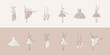 Ballet line icons. Elegant beige hand-drawn art shapes of ballerina, pointe shoe and dress. Linear brush sketch with shadow silhouettes. Pastel contour drawing templates. Outline theater symbols.