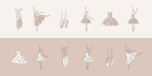 Ballet Line Icons. Elegant Beige Hand-drawn Art Shapes Of Ballerina, Pointe Shoe And Dress. Linear Brush Sketch With Shadow Silhouettes. Pastel Contour Drawing Templates. Outline Theater Symbols.
