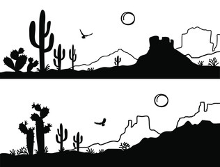 desert landscape with cactuses. arizona desert mountains silhouette vector nature horizontal backgro