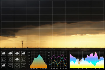 Wall Mural - weather forecast symbol data presentation with graph and chart on sunset storm cloud and golden brig
