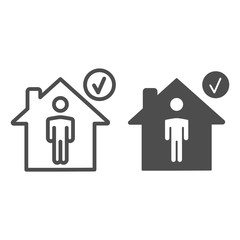 Poster - Person at home with check mark line and solid icon, covid-19 concept, stay home sign on white background, Coronavirus quarantine preventive measures icon in outline style for mobile. Vector graphics.