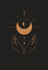 Poster - Magic mystical composition with crescent, stars, and hands a dark background. Boho style and esoterics. Ethnic magic and astrological symbols. Vector illustration.