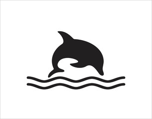 Black and white vector illustration of dolphin jumping on the wave. Monochrome dolphin isolated on white background. Logo template.