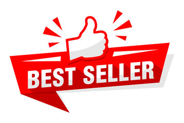advertising sticker best seller with red thumb up. illustration, vector