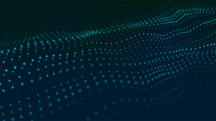 Fototapete - Dynamic particles wave. Blue lighting dots on dark background. Digital landscape. Vector illustration.Big data visualization 3D.