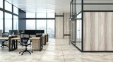 Fototapeta Panele - The modern open space office interior with wooden walls and panoramic windows with cityscape and rows of gray and wooden computer desks. 3d rendering