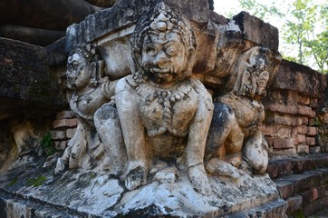 Beautiful sculptures at the ancient temple Wat Mahathat in the historical park of Sukhothai