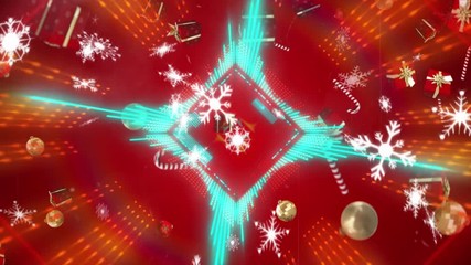 animation of lozenges in tunnel with glowing rays and christmas symbols falling