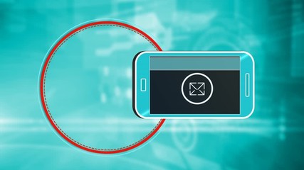 Wall Mural - animation of a smartphone showing network icons with a red circle on blue background
