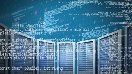 Wall Mural - animation of data processing and information flowing through screens over computer servers behind