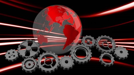 Wall Mural - animation of cogs working and globe spinning and information flowing on background