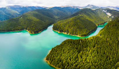 Turquoise water in a mountain forest lake with pine trees. Aerial view of blue lake and green forests. View on the lake between mountain forest. Over crystal clear mountain lake water. Fresh water