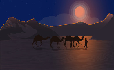 Night desert landscape. Camel caravan goes in the sand dunes. The beautiful radiance of the moon against the backdrop of the mountains. Vector illustration.