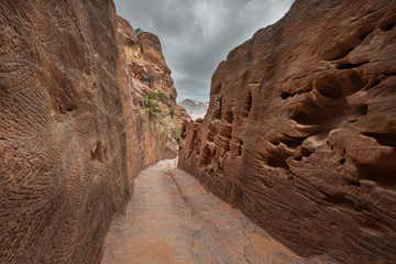 Petra Jordan, Narrow tunnel with a path carved into red rocks in the dry mountain on a trekking route