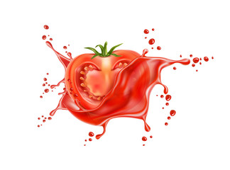 Wall Mural - Vector realistic ripe tomato red juice splash