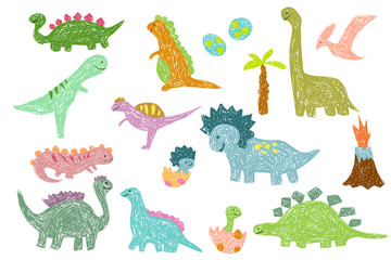  Kids drawing. Set of colorful dinosaurs.