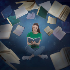 Sticker - Young woman reading and flying books on color background