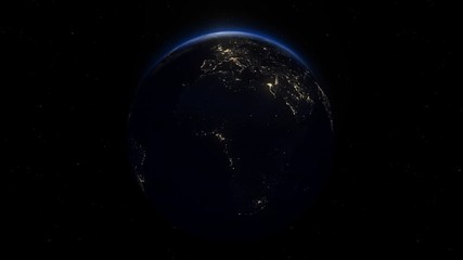 planet earth from space rotating animation. earth pulsing with colors at night. backlit by the sun w
