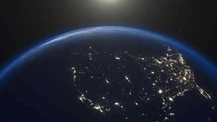 Wall Mural - Planet earth globe at night. Highly detailed. Elements of this image furnished by NASA. Night sky with stars and nebula. View from space. Europe, sunrise, space, galaxy, map. 3d render illustration