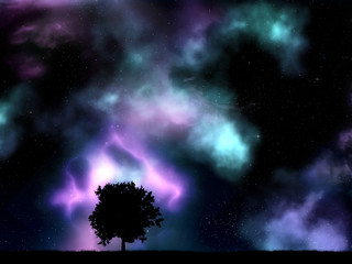 Wall Mural - 3d tree silhouettes against a space sky with nebula and stars